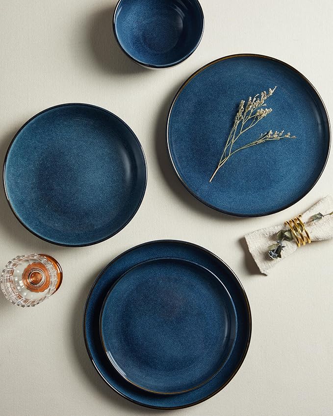Pokini Stoneware Dinnerware Sets for 6, 18 Pieces Ceramic Plates and Bowls Sets, Chip and Scratch Resistant Dish Set, Dishwasher & Microwave Safe Plate Set, Starry Blue
