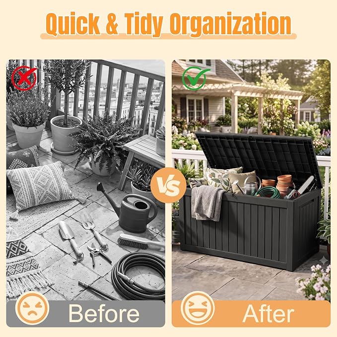 Outdoor Storage Box, 280 Gallon Waterproof Resin Deck Box with Support Rod | UV Resistant Lockable Package Delivery Bin, Shoe, Patio & Garden Tools Storage, Toy Cabinet, Ottoman, Indoor/Outdoor