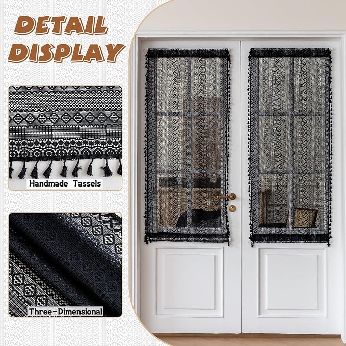 Sutuo Home French Door Curtains for Doorway Glass & Sidelights, Farmhouse Semi Sheer Bohemian Tassels Vintage Chic Privacy Cottagecore Drapes for Door Window, Rod Pocket 2 Panels 25" W x 72" L Black