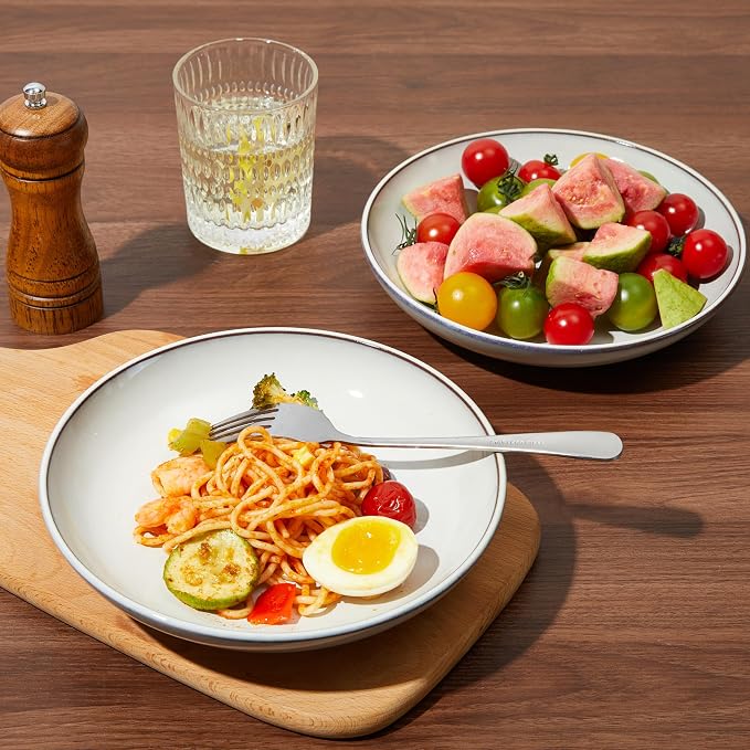 Pokini 16 Piece Double Bowl Dinnerware Sets with Pasta Bowls, Highly Chip and Crack Resistant Plates and Bowls Sets, Natural Earthyware Ceramic Dishware Sets, Service for 4 Moonstone White
