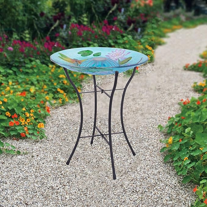 Teamson Home Handpainted Dragonfly Fusion Glass Solar Birdbath Bowl Feeder with LED Light for Outdoor Patio Garden Backyard Decking Decor, 21 Inch Height, Light Blue