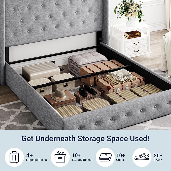Allewie Full Size Lift Up Storage Button-Tufted Bed Frame Light Grey | Modern Wingback Headboard, Hydraulic Support Storage, No Box Spring Needed