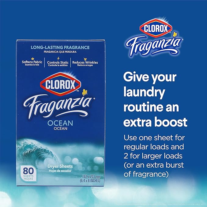 Clorox Fraganzia Fabric Softener Dryer Sheets Wrinkle Reducing Anti Static Laundry Dryer Sheets Great Smelling Clothes Softens Fabrics Fresh Ocean Scent 80 Count Single Box Home Dorm Laundry Room