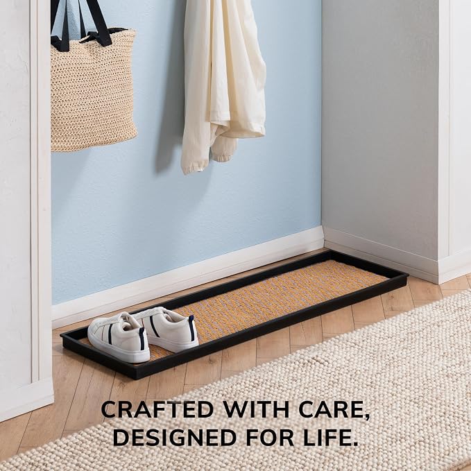Anji Mountain Heavy Duty Waterproof Rubber Shoe Storage Mat Organizer/Boot Storage Tray Multi Use For Entryway with Coir, Tan and Blue Insert , Fits 4 Pair (46.5" Wide)