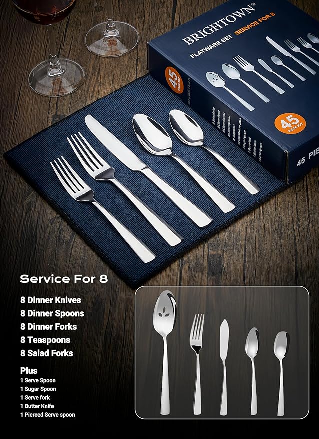 45-Piece Flatware Sets, Silverware Set for 8, Durable Stainless Steel Tableware in Ergonomic Design Size and Weight, Kitchen Utensils Set with Steak Knives, Rust-proof, Dishwasher Safe