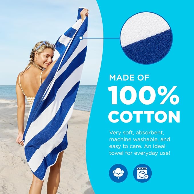 Kaufman - Soft Oversized Cabana Striped Beach Towels | 30" x 60" Thick Terry Cotton Towels (36 Pack)
