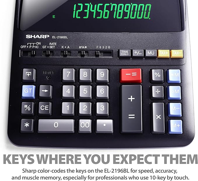 Sharp 12-Digit Print Calculator Desktop Size Adding Machine, Perfect for Everyday Use and Office, Bright, Large Easy-to-Read Numbers on Both the Display and the Two-ColorPrinted Tape (EL2196BL)