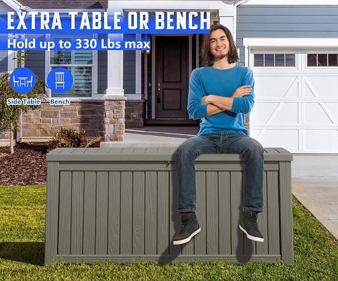 150 Gal Deck Box,Outdoor Storage Box Waterproof Lockable,Gas Lift,Grey | Large Resin Deck Box, UV-resistant all-weather, lockable storage for patio furniture, garden tools, pool accessories, black
