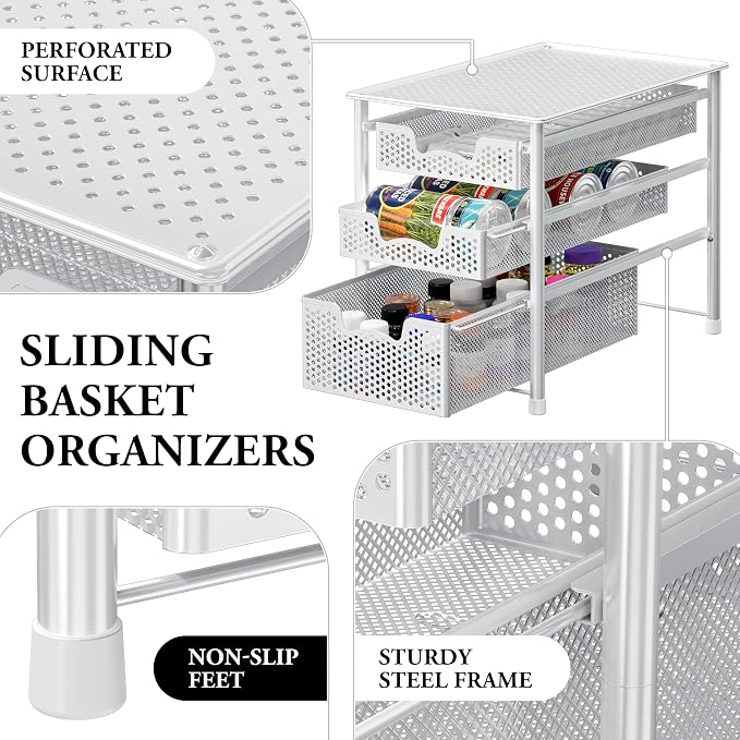 Simple Houseware 3 Tier White Alloy Steel Sliding Basket Organizer Drawer Cabinet