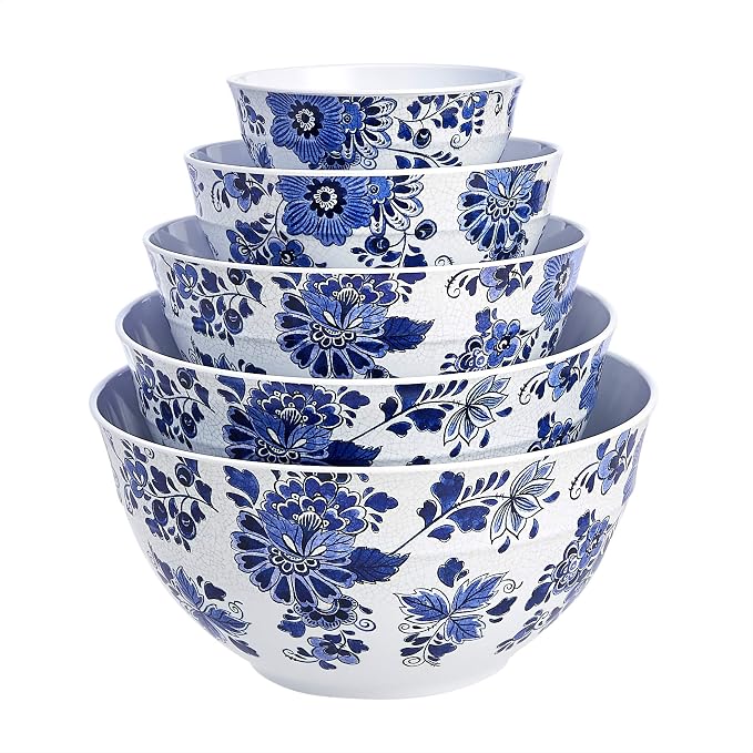 Amazon Basics Mixing Bowls with Lids, Nesting Melamine Serving Bowls, Non-Slip Base, BPA Free, Dishwasher Safe, 5 Sizes, Blue and White Floral, Set of 10