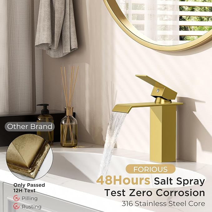 FORIOUS Gold Bathroom Faucet, Modern Waterfall Bathroom Sink Faucets 1 or 3 Hole Single Handle with Deck Plate and Drain, Suitable for Vanity Rv Camper Commerical