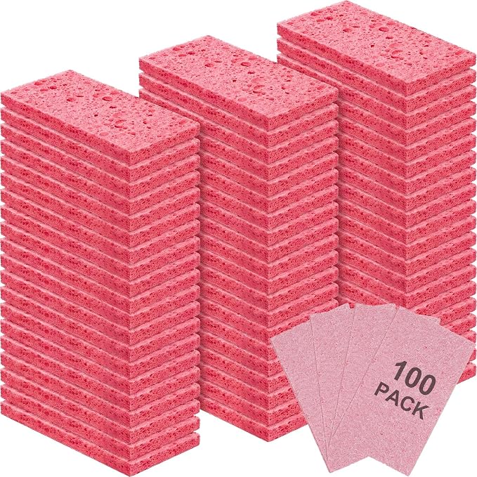 Zhengmy 100 Pieces Sponges Bulk Sponges Kitchen Compressed Sponge Natural Dish Sponge Compressed Wood Pulp Cleaning Without Scratching for Kitchen Bathroom, 3.9 x 2.4 x 0.12 Inch (Pink)