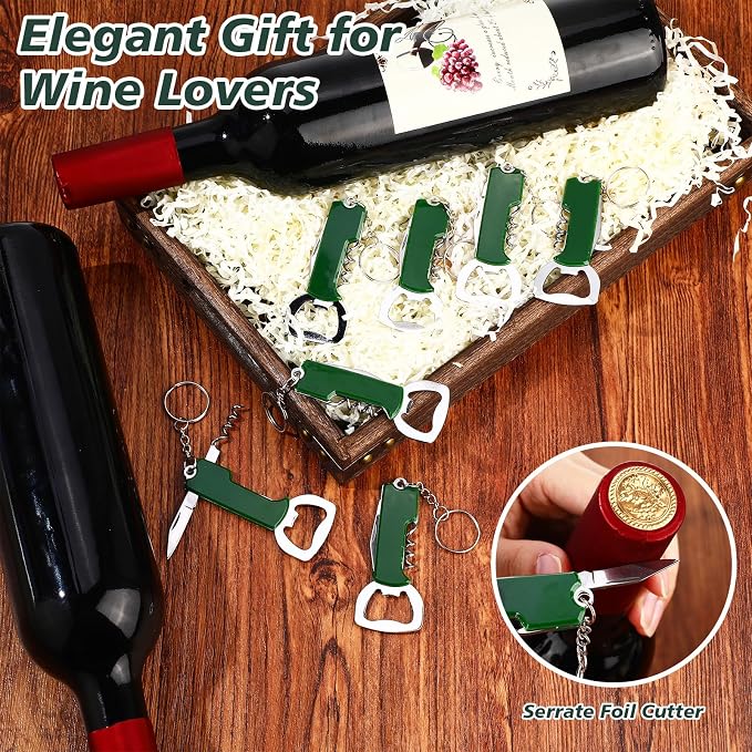 Ziliny 24 Pcs Bottle Opener Keychain Bulk Wine Bottle Beer Opener Keychain 3.27" Stainless Steel Corkscrew Waiter Corkscrew Wine Keyring Gifts for Christmas Bar Party Wedding Home (Green)