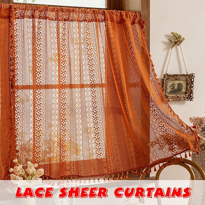 Sutuo Home Terracotta Boho Kitchen Curtains 54 inches Long, Burnt Orange Cottagecore Semi Sheer Privacy Crochet Vintage Tassels Bohemian Lace Window Curtains for Nursery Rod Pocket, 2 Panels 50" W