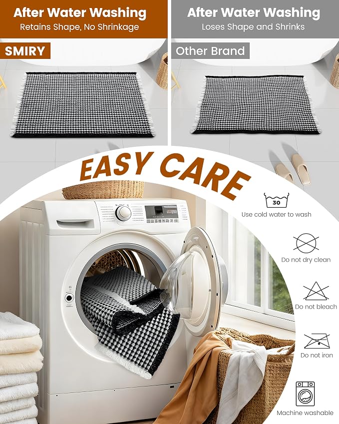 Smiry Waffle Bath Mat 72x24, Extra Soft Absorbent Bathroom Rugs, Non Slip Machine Washable Quick Dry Bath Rugs for Bathroom Floor, Tub, Shower, Home Decor Accessories, Black & Cream