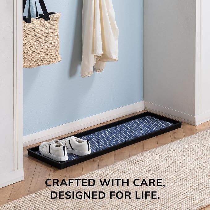 Anji Mountain Heavy Duty Waterproof Rubber Shoe Storage Mat Organizer/Boot Storage Tray Multi Use For Entryway with Coir, Blue and Ivory Insert , Fits 4 Pair (46.5" Wide)