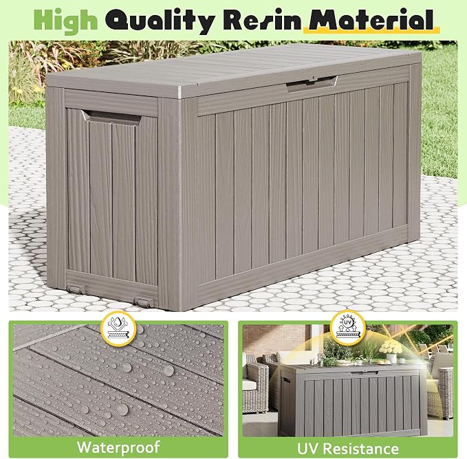 Deck Box, 82 Gallon Resin Indoor and Outdoor Storage Box Waterproof for Garden Tools, Pool Accessories Storage Bench, Patio Furniture and Cushions with Lockable Lid, Grey