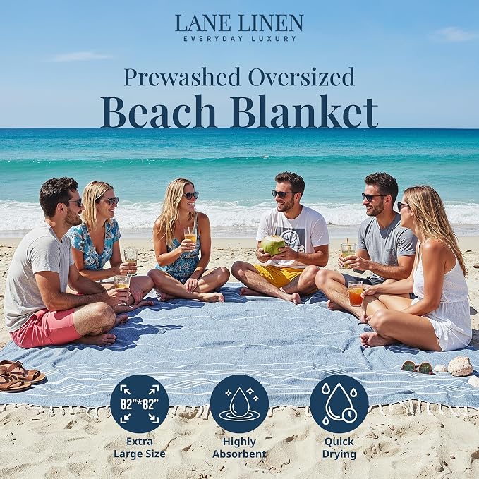 LANE LINEN Beach Blanket Sand Free, Picnic & Cotton Beach Towel - Sky Blue | Oversized Beach Blanket, 82"x82" - Beach, Backyard, Boat & Campsite Ready - Quick-Dry Weave, Dries Fast - Roomy Family Size