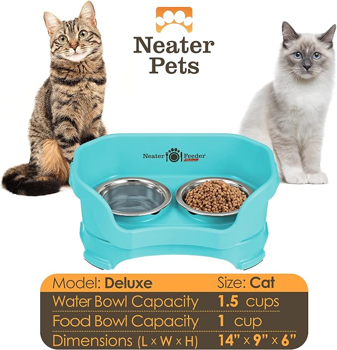 Neater Pet Brands Neater Feeder Deluxe Mess Proof Cat Bowls Elevated, Made in USA, No Spill Raised Bowls for Indoor Cats, Stainless Steel Food and Water Bowl Set, Pet Dish Feeding Station, Aquamarine