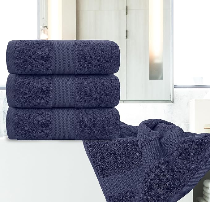 White Classic Luxury Bath Towels Set of 4 Large - 700 GSM Cotton Ultra Soft Bath Towels 27x54 | Highly Absorbent and Quick Dry | Hotel Towels for Bathroom Luxury, Plush Shower Towels, Navy