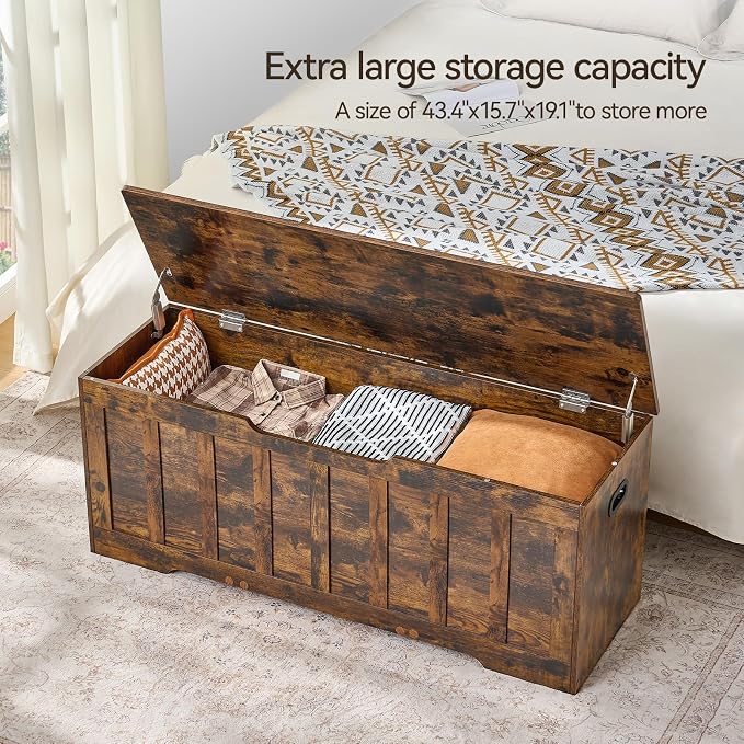 VANKILEY 47.2" Storage Chest Extra Large,Storage Trunk with 2 Safety Hinges,Wooden Storage Bench,Shoe Bench,47.2x15.7x19.1Inch,Easy Assembly,Storage Bench for Bedroom,Living Room,entryway(Rustic Brown