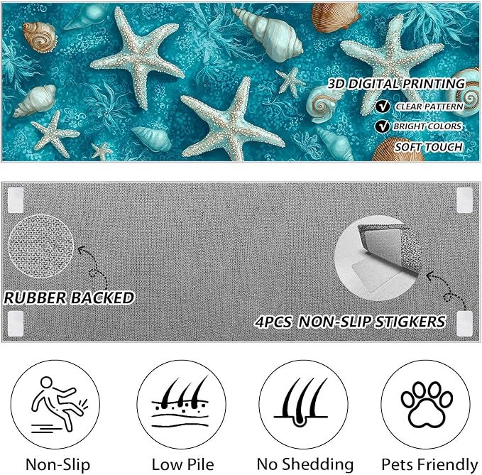Starfish Conch Hallway Runner Rug 2x8 Washable, Watercolor Ocean Kitchen Rug Non Slip Low Pile, Turquoise Blue Runner Carpet for Entryway Corridor Bedroom Dining Living Room Floor Mat