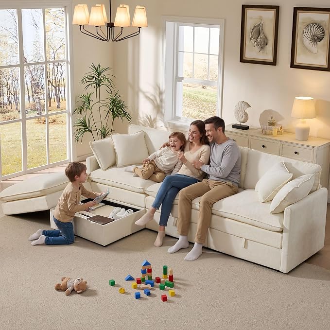 Ihanherry 103" Modular Sectional Sofa with Storage, L Shaped Cloud Couch with Movable Ottomans & 4 Pillows, Chenille Deep Seat Sectional Couches for Living Room, Apartment (Beige)