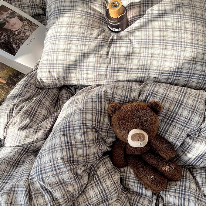mixinni King Duvet Cover Set - 3 Piece Vintage Buffalo Plaid Bedding, 100% Washed Cotton Duvet Cover with 2 Pillowcases, Soft & Breathable Navy Beige White Geometric Grid Pattern for All Seasons