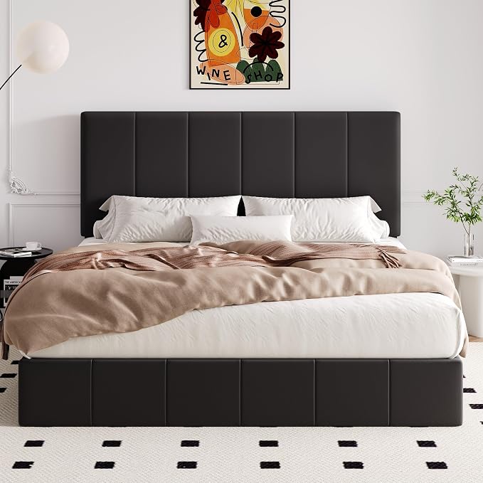 Allewie King Size Velvet Lift Up Hydrualic Storage Bed Frame, Black | Vertical Channel Tufted Headboard, Hydrualic Underneath Storage, Upholstered Platform Bed, No Box Spring Needed