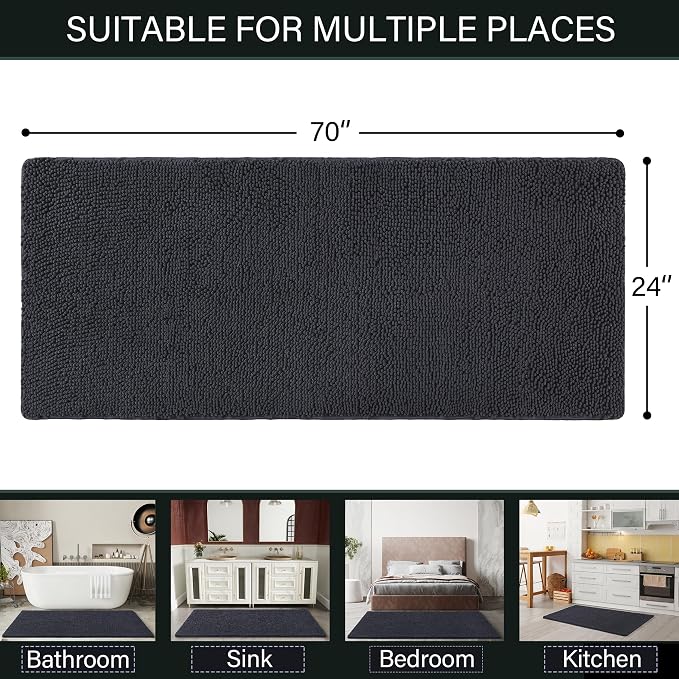 LOCHAS Luxury Bathroom Rug Shaggy Bath Mat 24 x 70 Inch, Dark Grey | Washable Non Slip Bath Rugs for Bathroom Shower, Soft Plush Chenille Absorbent Carpets