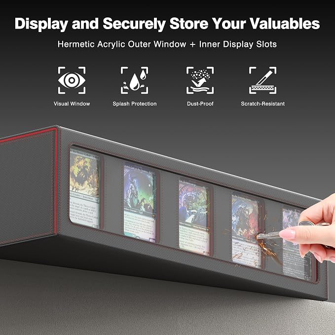 Kabinka MTG Card Storage Box with Handle & Mechanical Latch,5-Row 3900+ Commander Trading Card Case with Sealed Display Window,Top Loaders Organizer Deck Box for MTG/TCG/PTCG/Sports Cards (Black Red)