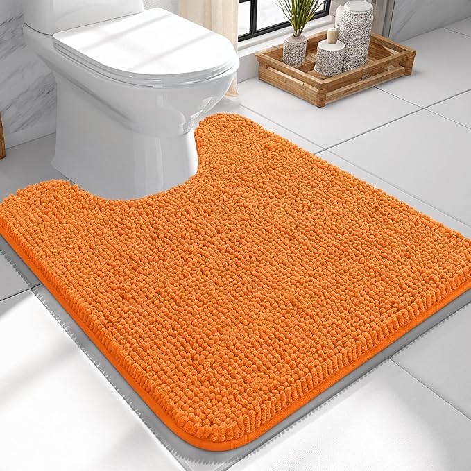 OLANLY Toilet Rugs U-Shaped 24x24, Extra Soft Absorbent Chenille Contour Bathroom Rugs for Toilet, Dry Quickly, Machine Washable, Non-Slip Bath Mat, Orange