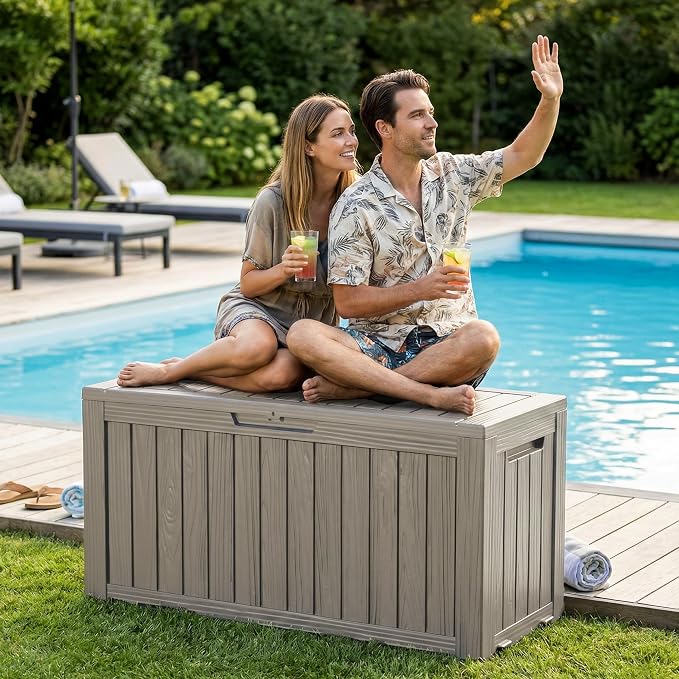 DRATO 100 Gallon Deck Boxes Outdoor Waterproof Storage Box with Wheels | Lockable Weatherproof Resin Outside Patio Storage Box for Backyard Furniture Pool Supplies Garden Tools, Grey