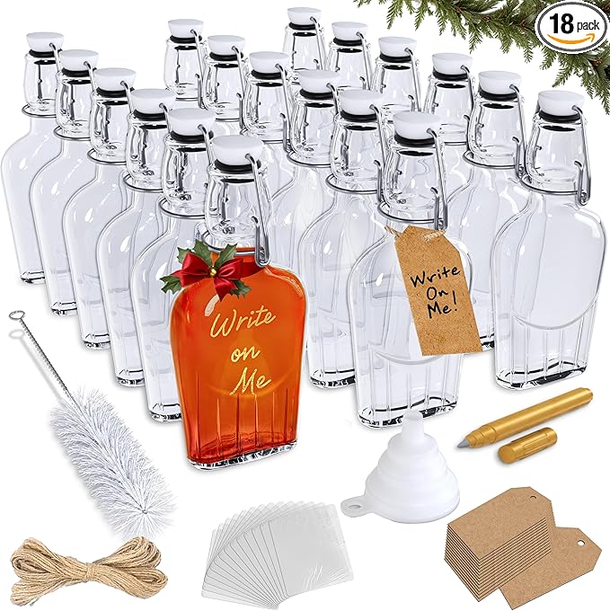 Nevlers 8.5 Oz Flask Flip Top Glass Bottle 18 PK | Limoncello Bottles with Stoppers, Shrink Wrap, Tags, Funnel, Marker & Brush| Swing Top Glass Bottles for Vanilla Extract | Hip Flask for Men & Women
