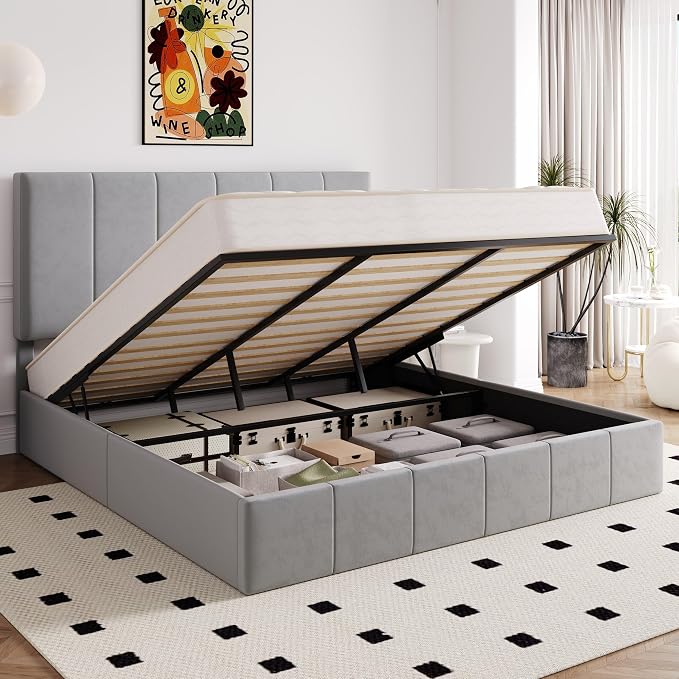 Allewie King Size Velvet Lift Up Hydrualic Storage Bed Frame, Grey | Vertical Channel Tufted Headboard, Hydrualic Underneath Storage, Upholstered Platform Bed, No Box Spring Needed