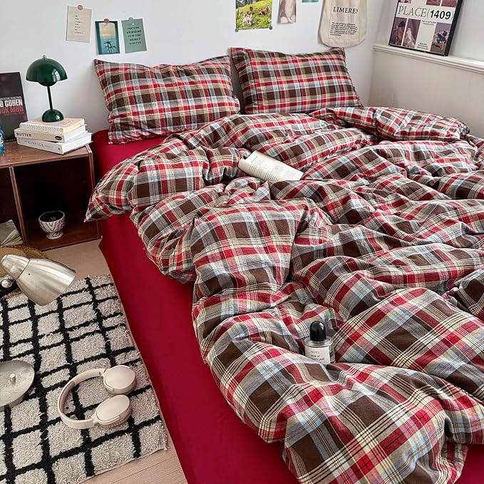 mixinni Vintage Red & Brown Buffalo Plaid Duvet Cover Set Twin XL Size - 3 Piece Washed Cotton Bedding Set with Classic Checkered Pattern, Cozy Farmhouse Duvet Cover with Pillowcases for All Seasons