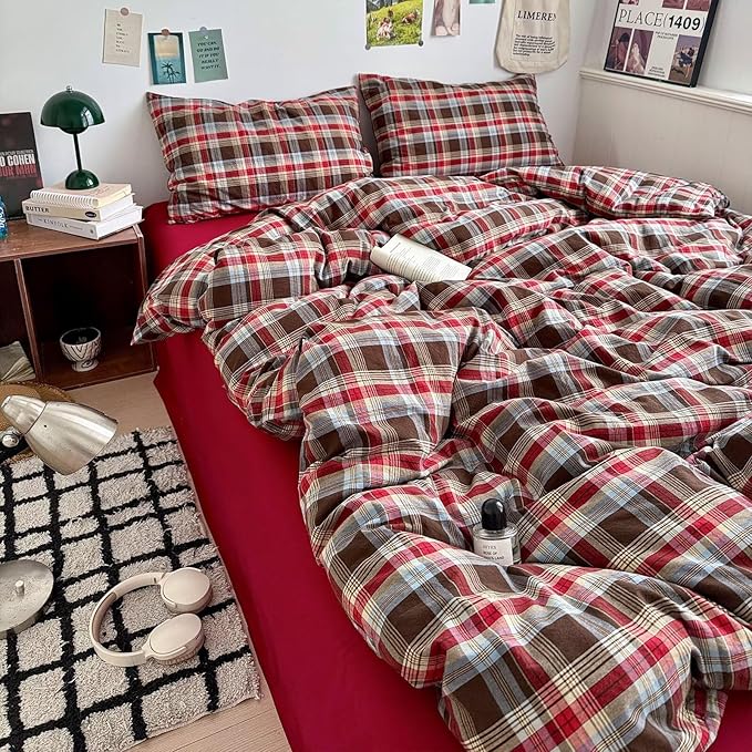 mixinni Vintage Red & Brown Buffalo Plaid Duvet Cover Set Twin Size - 3 Piece Washed Cotton Bedding Set with Classic Checkered Pattern, Cozy Farmhouse Duvet Cover with Pillowcases for All Seasons