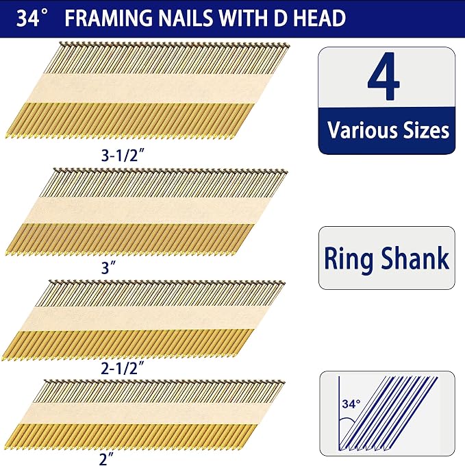 HW HAMWOO 34°Framing Nails,Ring Shank,2",2-1/2",3",3-1/2":480Pcs | Galvanized Nails,D Head Nail Pack,Paper Tape Strip Nails,Ring Shank,for 30 to 34 Degree Framing Nailer