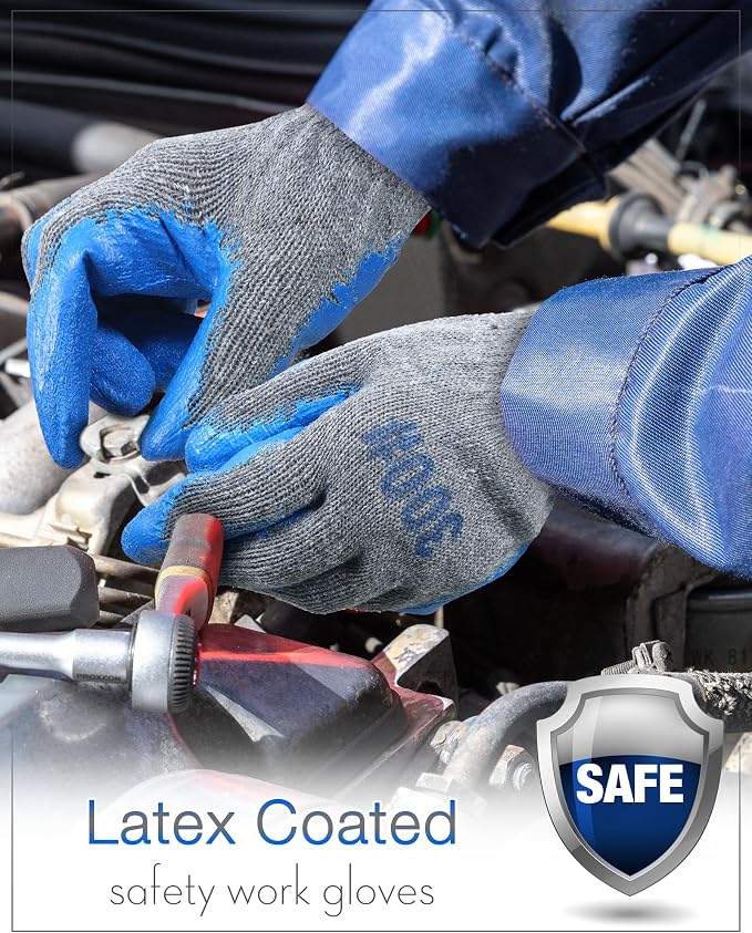 Haysandy 48 Pairs Large Rubber Latex Double Coated Gloves Blue Latex Rubber Hand Coated Safety Work Gloves for Construction Gardening for Men