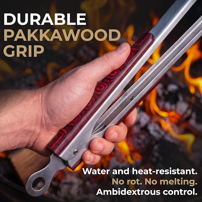 17-Inch Metal Tongs for Grilling - Kitchen Tongs for Cooking | Heavy duty 1.0mm stainless steel, food-safe, Pakkawood handles. BBQ accessories, grill accessories & metal kitchen utensils.