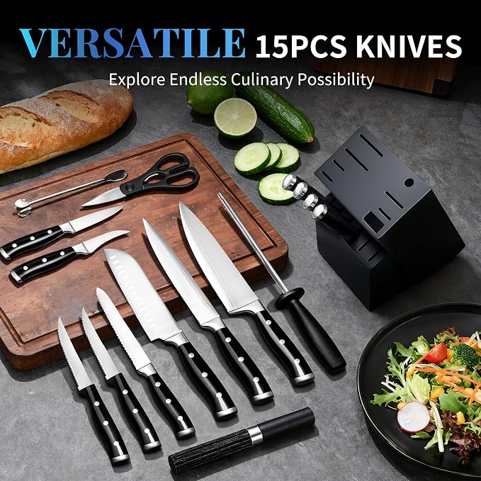 Knife Set, 15 Piece Premium Kitchen Knife Block Set, Razor-Sharp, High Carbon Stainless Steel Chef Knife, Ergonomic Forged Triple Rivet Handle, Black Sharp Knife Set for Kitchen, Dishwasher Safe