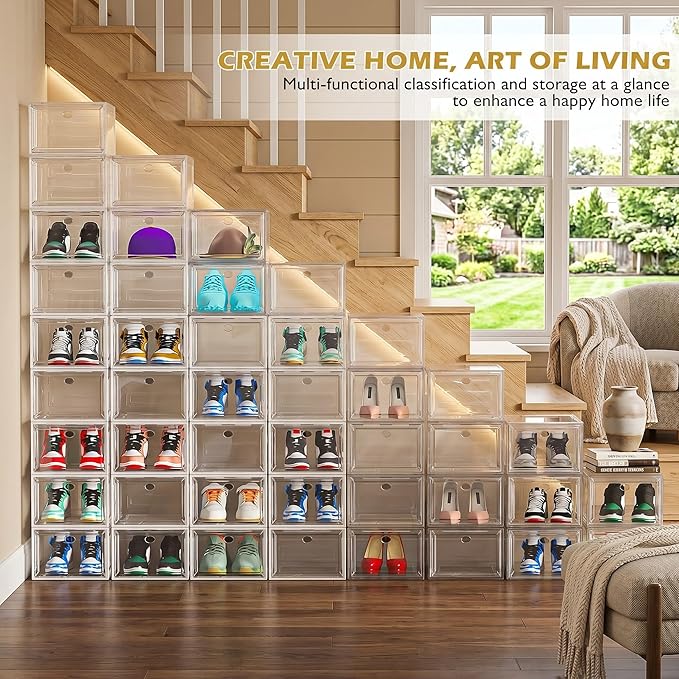 7 code Shoe Organizer, Clear Thickened Stackable Shoe Boxes with Magnetic Door, Collapsible Closet Storage Rack for Sneakers & Boots, 6 Pack White, Virgin Material, Not Recycled Plastic for Household