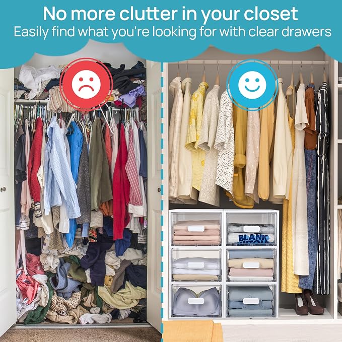 Vtopmart 4 Pack White Stackable Storage Drawers 15QT, Easily Assemble Closet Organizers,Plastic Storage Bins for Bathroom,Cabinet,Kitchen Pantry,Under Sink Organization(Medium)