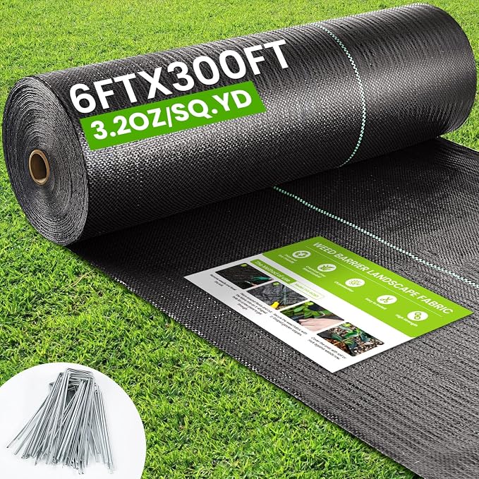 Rintea Weed Barrier Fabric, 6 x 300 ft, 3.2 oz Landscape Fabric | Heavy-duty woven polypropylene with guide lines and 20 U-stakes for gardens, flower beds, landscaping and driveways