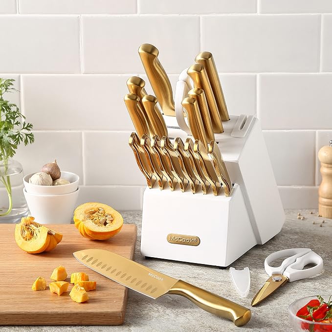 McCook® Kitchen Knife Sets, Golden Titanium Stainless Steel Knives Block Set with Built-in Sharpener, 20 Piece Knives, Restaurant Grade Sharp, Elegant Gold & Stylish Wooden Block for Modern Culinary | German Forged Stainless Steel,20 PC,Razor Sharp,Ant...