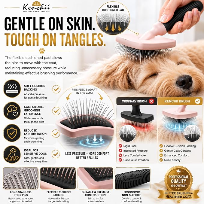 Kenchii Long Pin Slicker Brush for Dogs (Poodles, Doodles, Goldendoodles, Labradoodles), Professional Grooming Brush for Detangling, Fluffing & Dematting, Non-Slip Comfort Handle