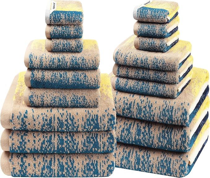 SEMAXE Bath Towel Set, 18 Piece Towel Set for Bathroom, Large Value Pack, Quick Dry Cotton Towels with Hanging Loops, Easy Care, Coastal Ombre