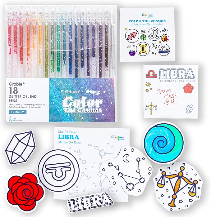 A Brighter Year Large Color The Cosmos Libra Bundle - Adult Mini Coloring Book (3" x 3" - 50 Pages), Post It Notes (50-3” x 3”), Stickers, & Gel Pens - Stress Relief, Mindfulness, Gift, Travel
