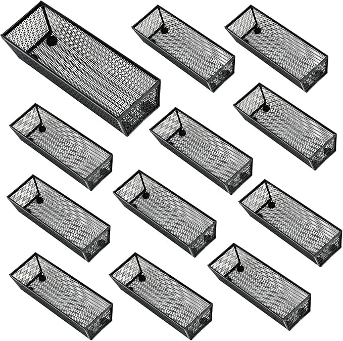 Neudeco Silverware Organizer, Black, 9 x 3 x 2 inch, Pack of 12 | Mesh Drawer Organizer, Metal Construction, For Kitchen Utensils & Flatware, Multi-Purpose Use