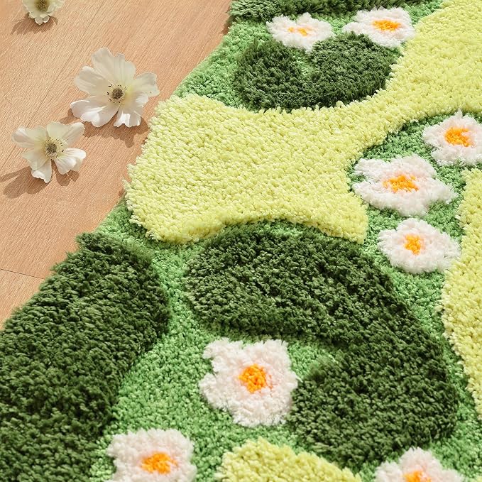 YIKUSH Bathroom Rugs Green Bath Mat Cute Moss Rug with Small White Flowers Non Slip Door Mat for Bedroom and Kitchen Soft Washable Rug Floral Bath Mats (43x20 inch)